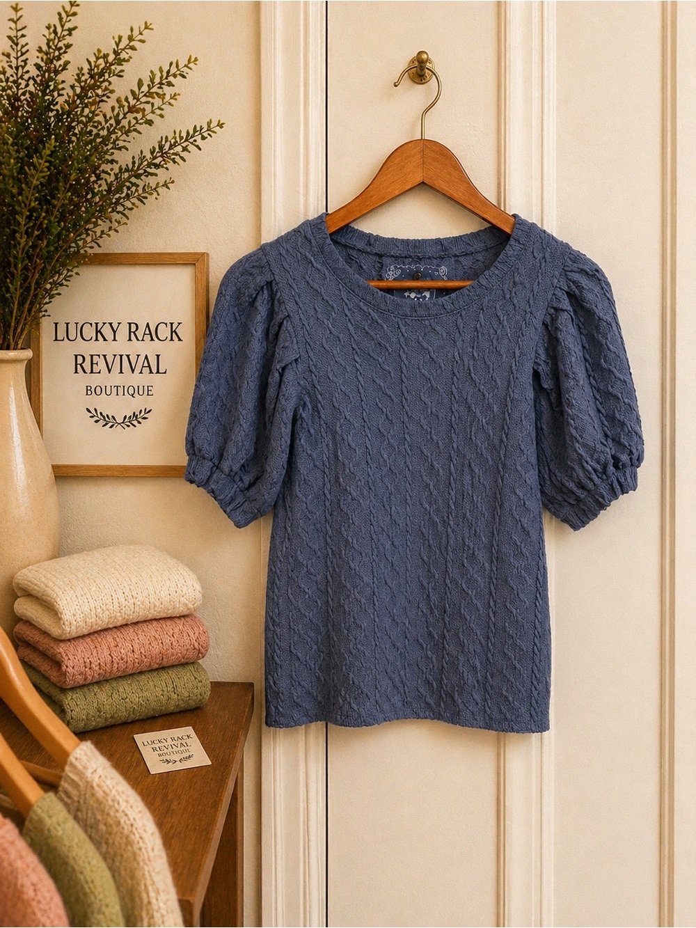Boutique Textured Puff-Sleeve Top in Blue